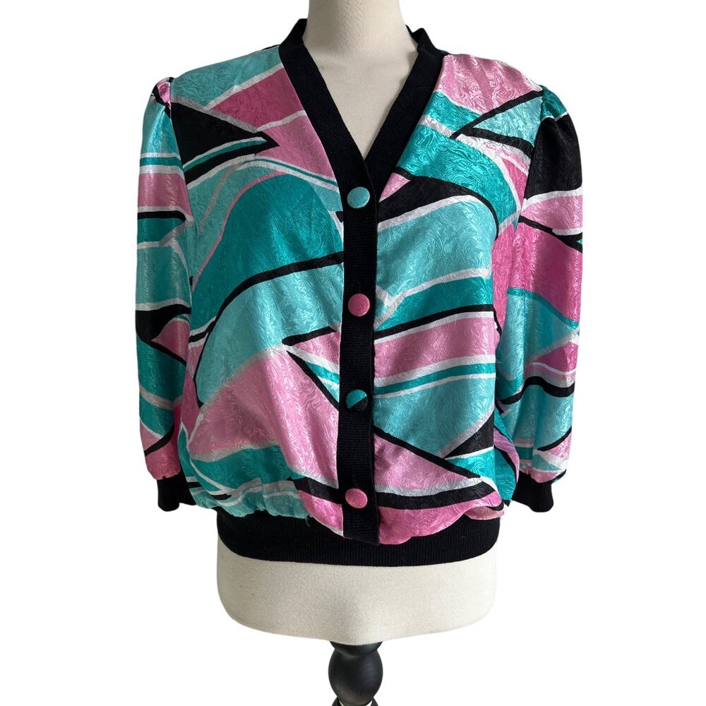 Vintage Anastasia Silky Bright VNeck Blouse Sz Medium Petite Colorful Pink & Bla - Picture 7 of 14